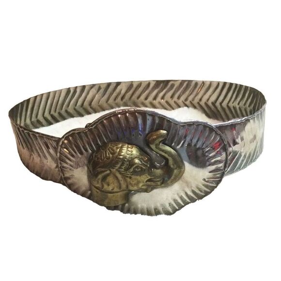 VTG Hand Hammered Silver Metal Waist Belt Band/raised Brass Elephant Head Buckle - Picture 1 of 10
